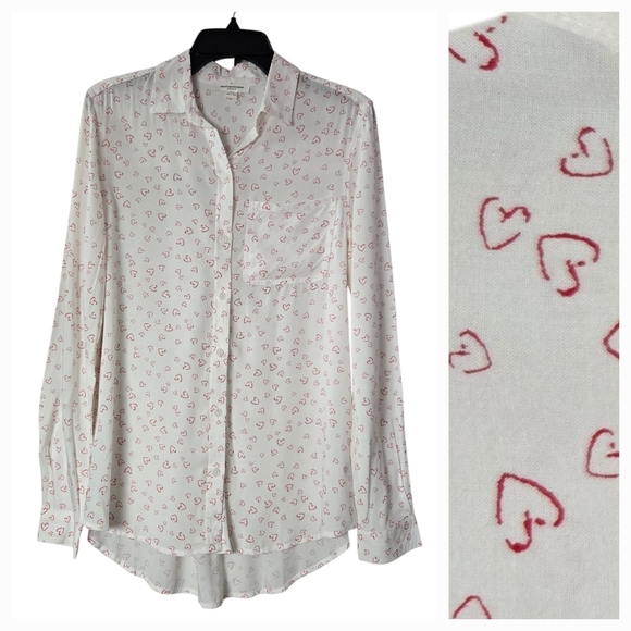 BeachLunchLounge White Red Heart Button Down Collared Long Sleeve Shirt Medium - Picture 1 of 13
